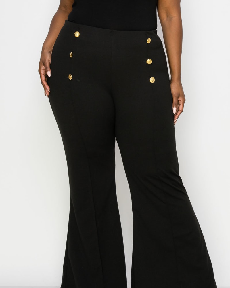 Front of a model wearing a size 1X Ruth High Waisted Flare Pants in Black by L I V D. | dia_product_style_image_id:240697